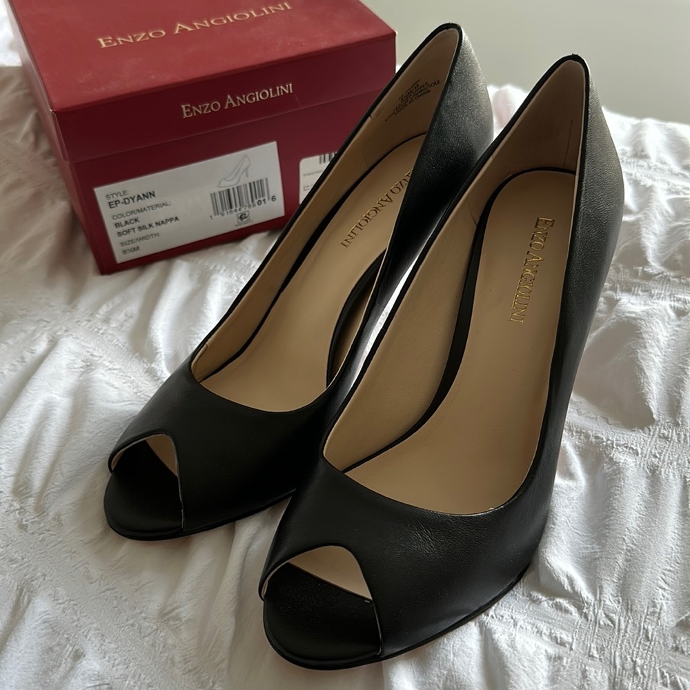 NEW Enzo Angiolini Black Soft Silk Napa Peep Toe Heel